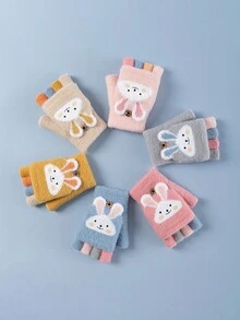 1 Găng tay năm ngón mùa đông ấm áp ngẫu nhiên cho trẻ em, 1 Găng tay hoạt hình mèo đan dày nửa ngón cho bé gái, 1 Găng tay viết lật có lớp lót nhiệt cho học sinh từ 4-10 tuổi - Xám - Xem 3