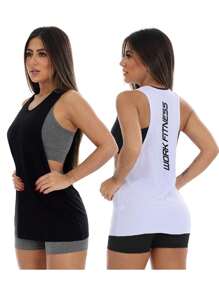 Work Fitness 套裝2件女款運動背心,露肩長款印花設計,後背花紋上衣,適合健身房 - 黑與白 - 查看 1