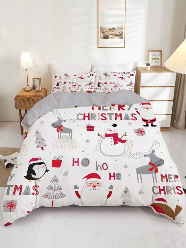 3-Piece Christmas-Themed Duvet Cover Set - Checkered Elk Snowflake Print, Soft & Breathable, Perfect for Bedroom, Guest Room & Dorm, (1*Duvet Cover + 2*Pillowcase, Without Core)
