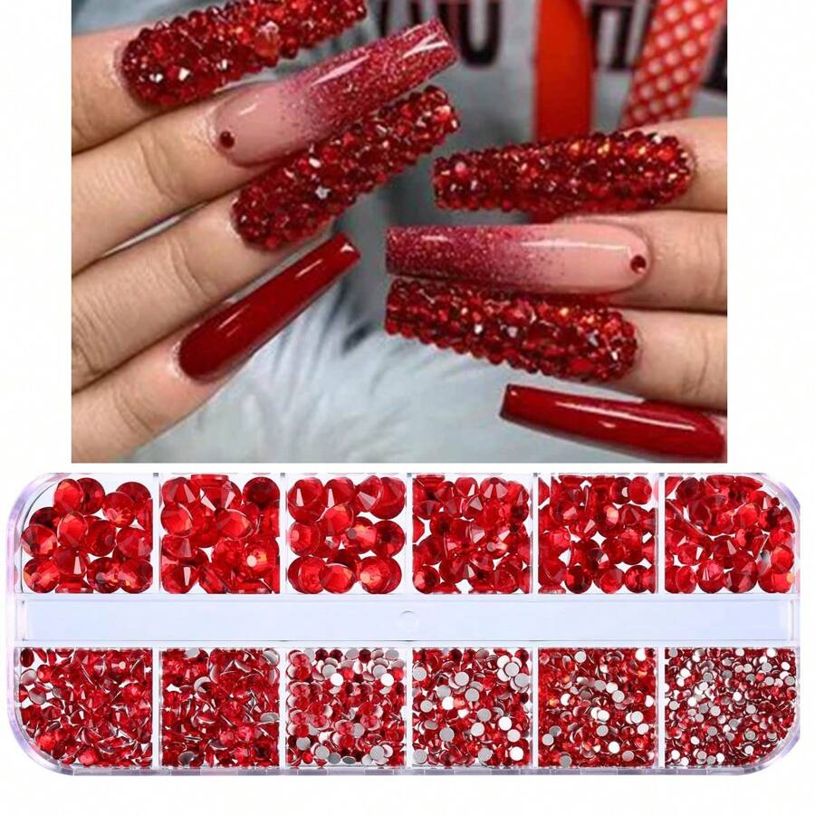 12 格指甲水钻 1.5 毫米-5 毫米 3D 美甲玻璃水晶 AB + 透明指甲石宝石珍珠水晶水钻 3D 魅力宝石指甲多形状 3D 指甲钻石用于美甲和 DIY 装饰 1 盒美甲水钻平底水钻珍珠指甲饰品用于丙烯酸指甲水晶美甲用品半圆形设计指甲宝石 - 紅色 - 查看 1