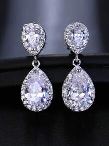 1對韓國風格新娘經典水滴形鋯石耳環,aaa級鋯石鑲嵌微小鋯石耳墜,適合沒有耳洞的耳朵,優雅 - 銀色 - 查看 3