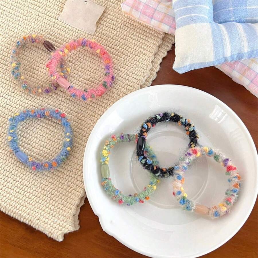 6入組女士多色羊毛紗髮圈