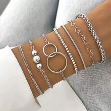 7pcs/set Fashionable European And American Style Hip-hop Simple Geometric Shape Chain, Metallic Beaded Bracelet - Silver - View 7