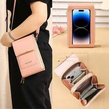 女士錢包觸摸屏手機套迷你斜挎包多功能時尚錢包帶卡槽垂直手機包豔粉色錢包 - 淺粉色 - 查看 3
