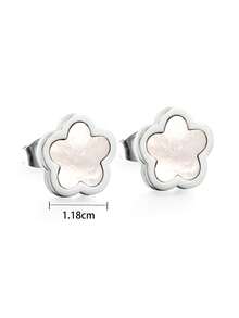 1pair Stainless Steel Flower & Peach Blossom Shaped Earrings With White Shell Inlay - Silver - View 3
