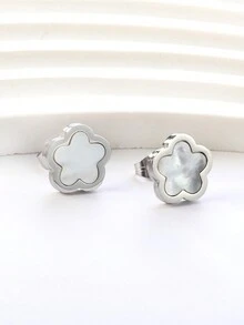 1pair Stainless Steel Flower & Peach Blossom Shaped Earrings With White Shell Inlay - Silver - View 2