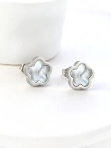 1pair Stainless Steel Flower & Peach Blossom Shaped Earrings With White Shell Inlay - Silver - View 1
