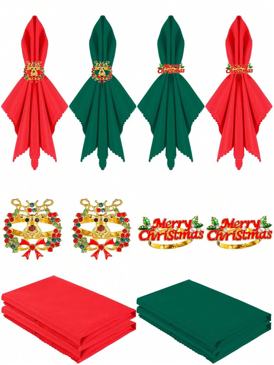 8pcs Christmas Set Including Gold Reindeer Head Rhinestone Merry Christmas Napkin Rings (4pcs), Red Napkins (2pcs), And Green Napkins (2pcs). Ideal For Birthday, Wedding, Thanksgiving, Christmas, Easter, Halloween, Party, Buffet Table Delicate & Simple Decoration.