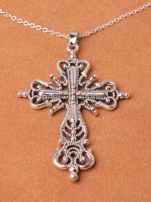 1pc Hollow Out Zinc Alloy Plated Silver Cross Pendant Necklace Thanksgiving Necklace 2 Colors Available - Antique Silver - View 7