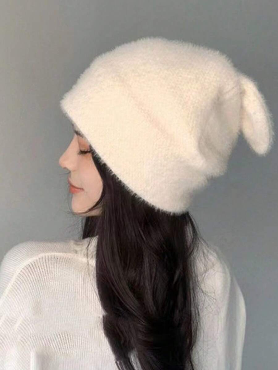 1pc Women's Cute Rabbit Ear Plush Knitted Hat, Suitable For Daily Use - White - View 1