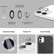 Protecteur d'appareil photo en strass de luxe pour iPhone 15 14 13 12 11 Pro Max, protecteur de verre trempé de lentille à anneau métallique compatible avec l'iPhone 11 Pro Max 12 Mini Full coque
