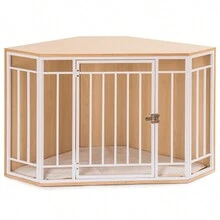 Corner Dog Crate with Cushion, Dog Kennel with Wood and Mesh, Doghouse, Pet Crate Indoor Use - 米色 - 查看 2