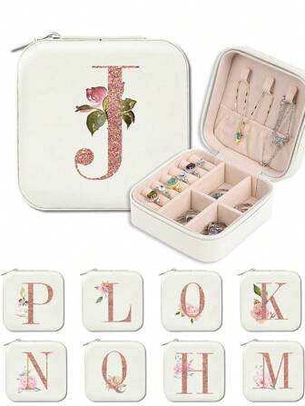 Joyero organizador de escritorio con cajón para guardar aretes, collares, anillos, cadenas, pendientes, esmaltes de uñas y joyería. Estuche impermeable con varios compartimentos. Regalo de cumpleaños para mujeres con inicial, letra, flor o estampado. También puede usarse como organizador de maquillaje, bolsa de maquillaje o estuche de almacenamiento