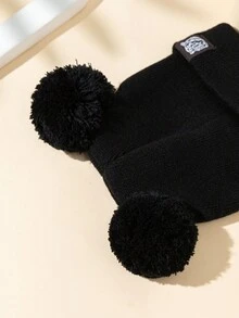 1 chiếc mũ len đôi pompom cho nữ, mũ len trùm tai ấm áp, đầu hổ dễ thương dày dặn, chống gió và chống lạnh có lớp lót nhiệt bên trong - màu đen - Xem 3