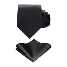 1 套男士纯色 3.15 英寸领带和口袋巾套装、缎面领带手帕套装、商务领带 - 黑色 - 查看 1