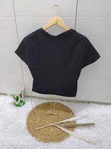 SHEIN Cropped Estampada 100% Algodão Moda Feminina coração(Cropped coração) - Preto - Visão 3