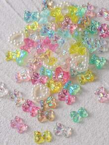 50 件 Y2K 彩虹熊 3D 闪光美甲配件 DIY 平底可爱迷你彩色镀 AB 白珍珠镂空爱心女士休闲美甲配件哥特