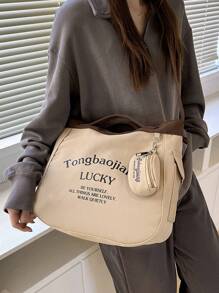 Bộ 2 túi Tote thời trang dung tích lớn dành cho nữ, giản dị và đa năng, thích hợp sử dụng hàng ngày, học đại học, đi làm, có ví đựng tiền xu khi trở lại trường, quà tặng lý tưởng cho giáo viên, ý tưởng quà tặng cảm ơn, quà tặng tri ân, túi quà tặng có thêu chữ lồng, có thể tái sử dụng, túi giáo viên, quà tặng lý tưởng cho mẹ, phù dâu, túi xách nữ có túi đựng xu, dung tích lớn, nhẹ, di động, thiết kế quai xách hành lý, thích hợp cho nữ sinh viên đại học, hoàn hảo cho khi trở lại trường, đại học, trung học cơ sở, trung học phổ thông - Màu Khaki - Xem 3