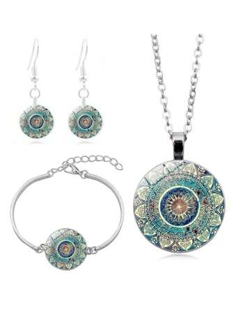 1 set Vintage Green Mandala Design Örhängen Halsband Armband Set Med High-End Style Och Elegant
