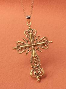 1pc Hollow Out Zinc Alloy Plated Silver Cross Pendant Necklace Thanksgiving Necklace 2 Colors Available - Antique Silver - View 5