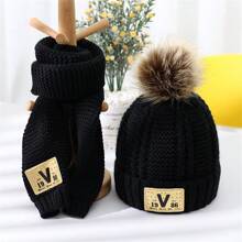 1 Miếng Trẻ em V Mũ lưỡi trai Và Khăn quàng cổ Bộ Ấm áp Tai Sự bảo vệ Phong cách Đơn giản Đối với Con trai , Cô gái Và Đứa trẻ , Thích hợp Đối với Mặc hàng ngày Và Đi du lịch In Mùa thu Và Mùa Đông - màu đen - Xem 1