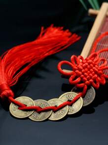 1件掛件裝飾掛飾,手工五帝錢中式結繩紅色流蘇 - 紅色 - 查看 1