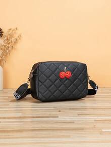 Rhinestone Cherry Decorated Diamond Shaped Checkered Shoulder Bag - Black - View 2