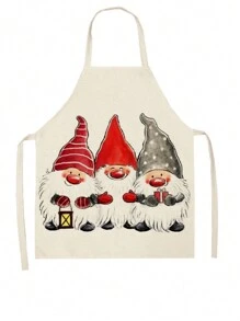 1pc Linen Christmas Apron With Snowman, Christmas Tree, Reindeer Pattern - Silver - View 1