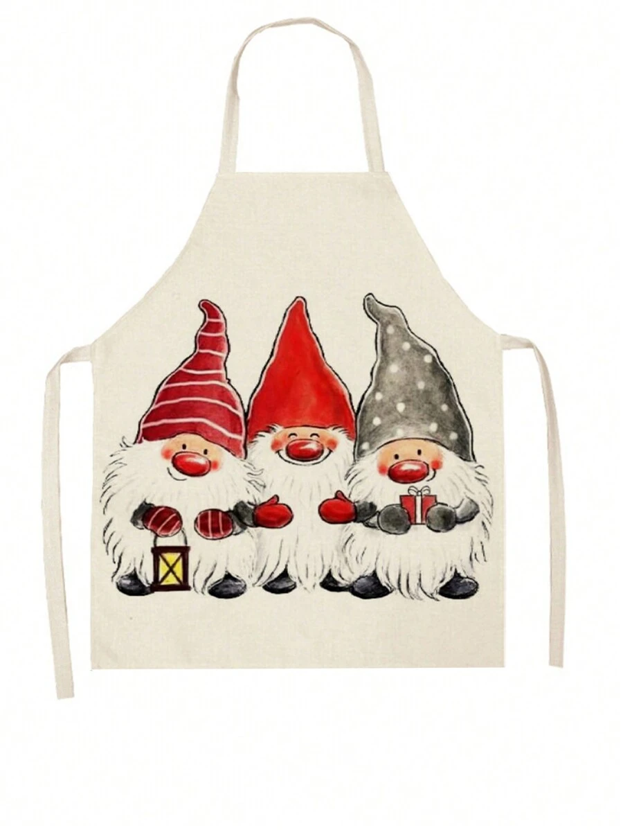 1pc Linen Christmas Apron With Snowman, Christmas Tree, Reindeer Pattern - Silver - View 1