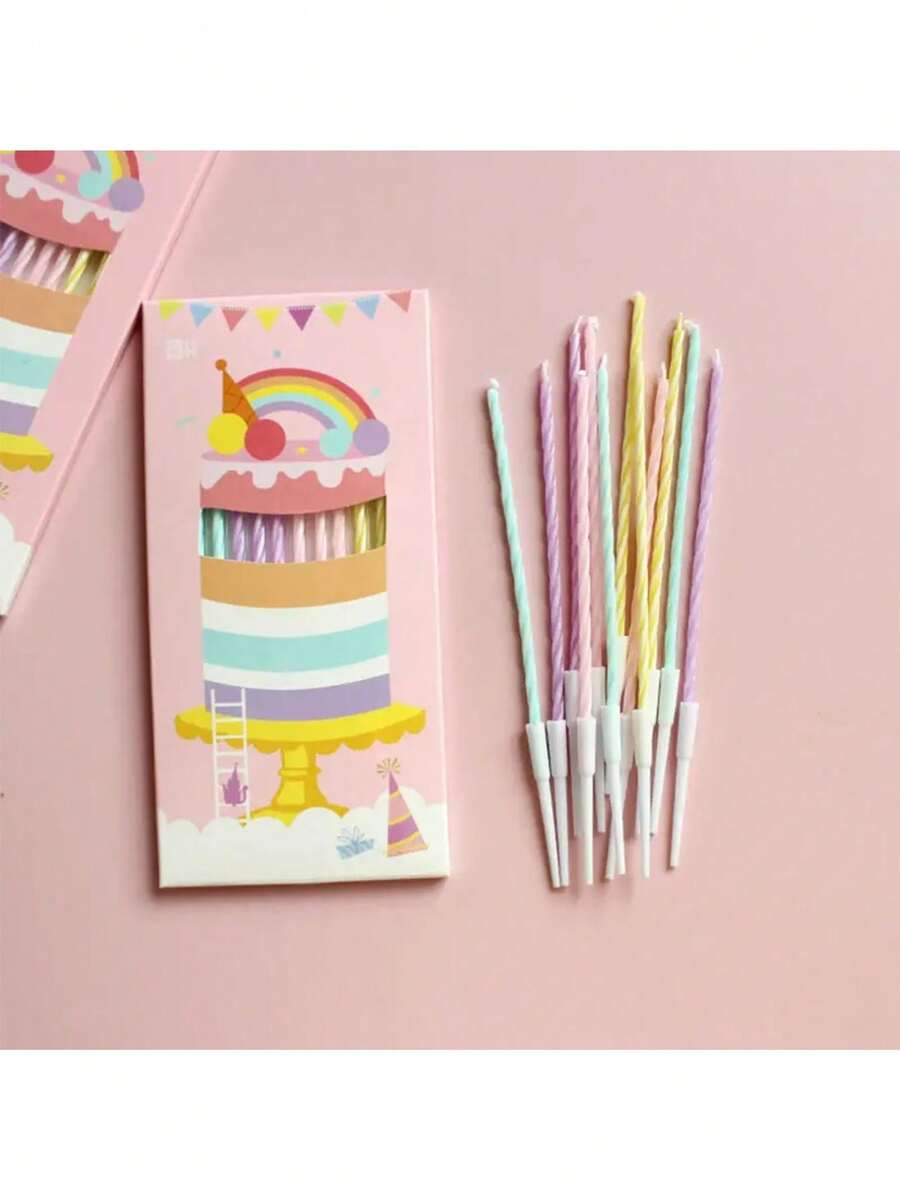 Box Of 12 Birthday Candles - Long, Spiral, Macaron Colored Candles For Cake Decoration And Baking - Multicolor - View 1