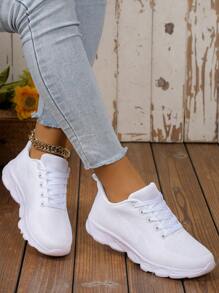 Ladies' Minimalist Style Solid Color Abstract Striped Decorated Front Tie Fabric Sneakers