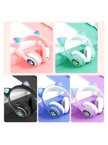 Fones de ouvido Bluetooth com LED RGB e formato de gato - Design exclusivo, som estéreo 24 horas, presente fofo [frete grátis] - Rosa chiclete - Visão 3