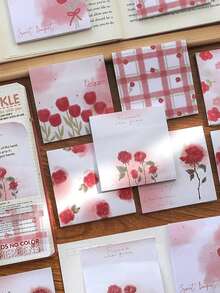 4入組創意玫瑰花印花便利貼,創意浪漫便利貼套裝,小型書籤貼紙手冊拼貼材料,學校辦公用品 - 紅色 - 查看 3