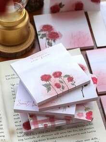 4入組創意玫瑰花印花便利貼,創意浪漫便利貼套裝,小型書籤貼紙手冊拼貼材料,學校辦公用品 - 紅色 - 查看 6