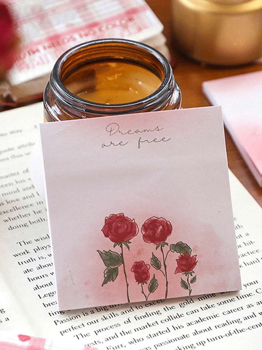 4入組創意玫瑰花印花便利貼,創意浪漫便利貼套裝,小型書籤貼紙手冊拼貼材料,學校辦公用品 - 紅色 - 查看 1