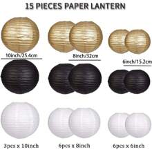 15入組紙燈籠裝飾套裝,3種不同尺寸的圓形懸掛紙燈籠裝飾,適用於婚禮、畢業典禮、周年慶祝活動、生日派對用品 - 黑色+白色+金色 - 查看 3