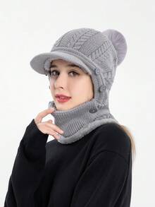 1 件女士冬季加厚羊毛帽围巾组合，镀锌贝雷帽设计，保暖内衬，针织无纽扣无檐帽，适合冬季骑行和保暖 - 灰色 - 查看 3