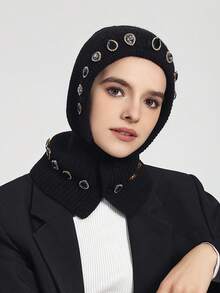 1入歐美風格新款巴洛克設計針織帽,具有保護頸部、防風、保暖和銀絲鑲珠裝飾,適用於休閒、旅遊、戶外活動和送禮(黑色銀絲鑲珠)