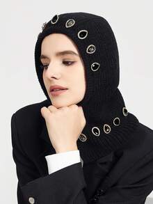 1入歐美風格新款巴洛克設計針織帽,具有保護頸部、防風、保暖和銀絲鑲珠裝飾,適用於休閒、旅遊、戶外活動和送禮(黑色銀絲鑲珠)