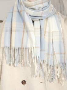 1pc Versatile Multi-Color Plaid Fringe Casual Minimalist Knit Scarf, Suitable For Autumn/Winter - Multicolor - View 2