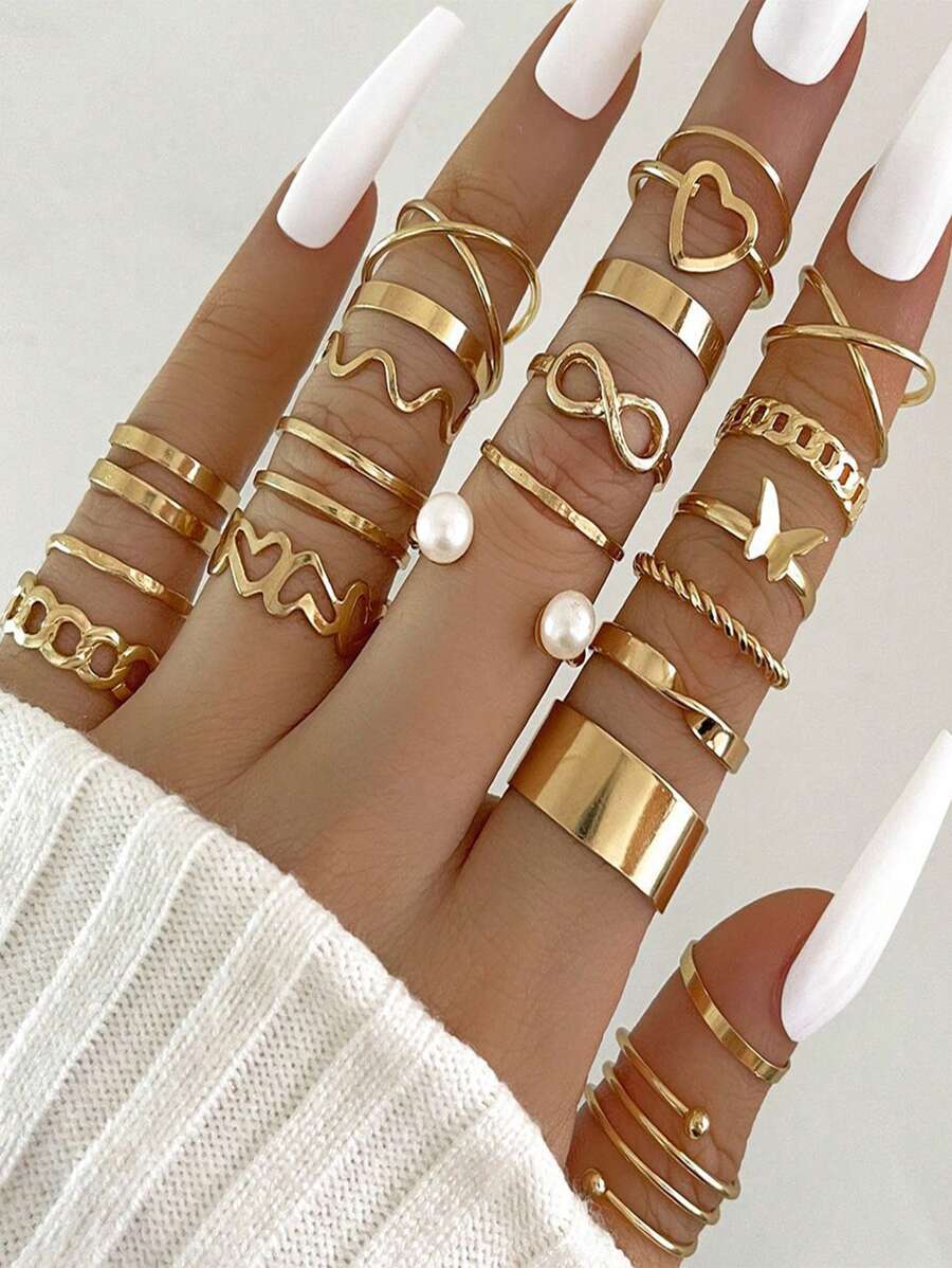 22 peças/Conjunto de Anéis Articulados com Extremidades Abertas, Incluindo Designs em Formato de Coração e Borboleta para Mulheres, Elegante, Halloween, Dia dos Namorados