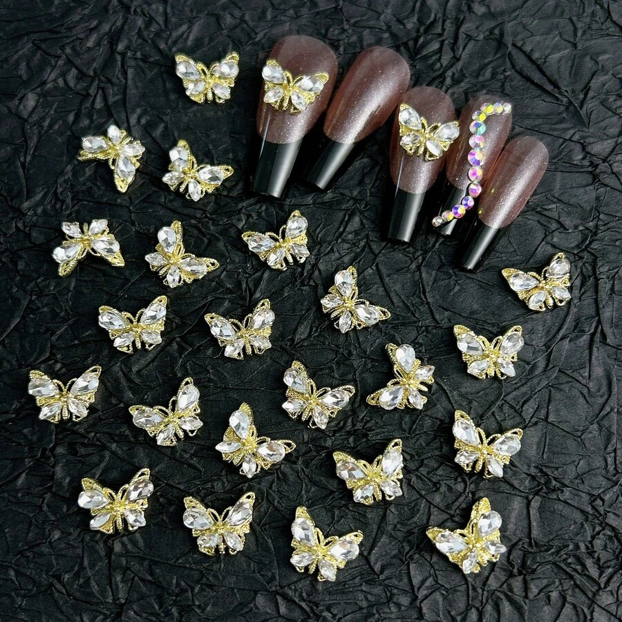 5 件 DIY 镀金 3D 蝴蝶形美甲装饰，带白色水钻