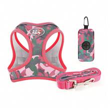 3Pcs/Set Dog Leash, Harness & Poop Bag Holder, Reflective Breathable Camouflage Design - Red Camo