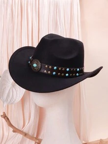 1件套女性黑色毛毡pu皮革鑲嵌古典鉚釘藍寶石波西米亞時尚歐美西部牛仔帽英式帽適用於假日派對,旅遊和日常使用