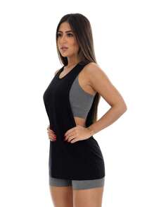 Work Fitness 2件套無袖背心長款印花上衣,女性健身衣 - 黑色 - 查看 3