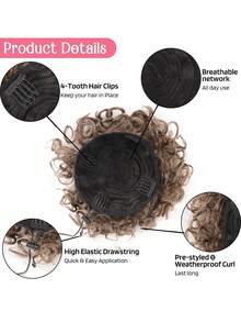 女士使用的假髮,適用於短髮和稀疏髮的小圈扭曲頭髮,自然柔軟的夾式馬尾合成髮配件