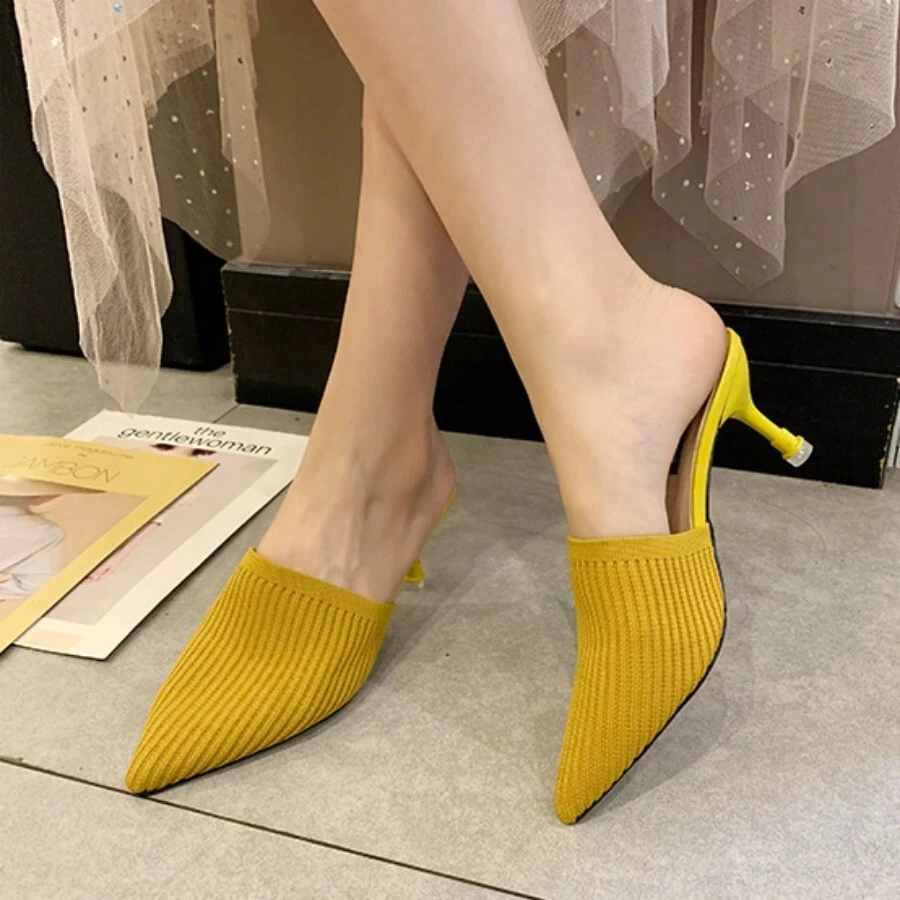 女性時尚編織細高跟涼鞋,復古半拖鞋尖頭鞋 - 黃色 - 查看 1