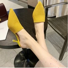 女性時尚編織細高跟涼鞋,復古半拖鞋尖頭鞋 - 黃色 - 查看 2