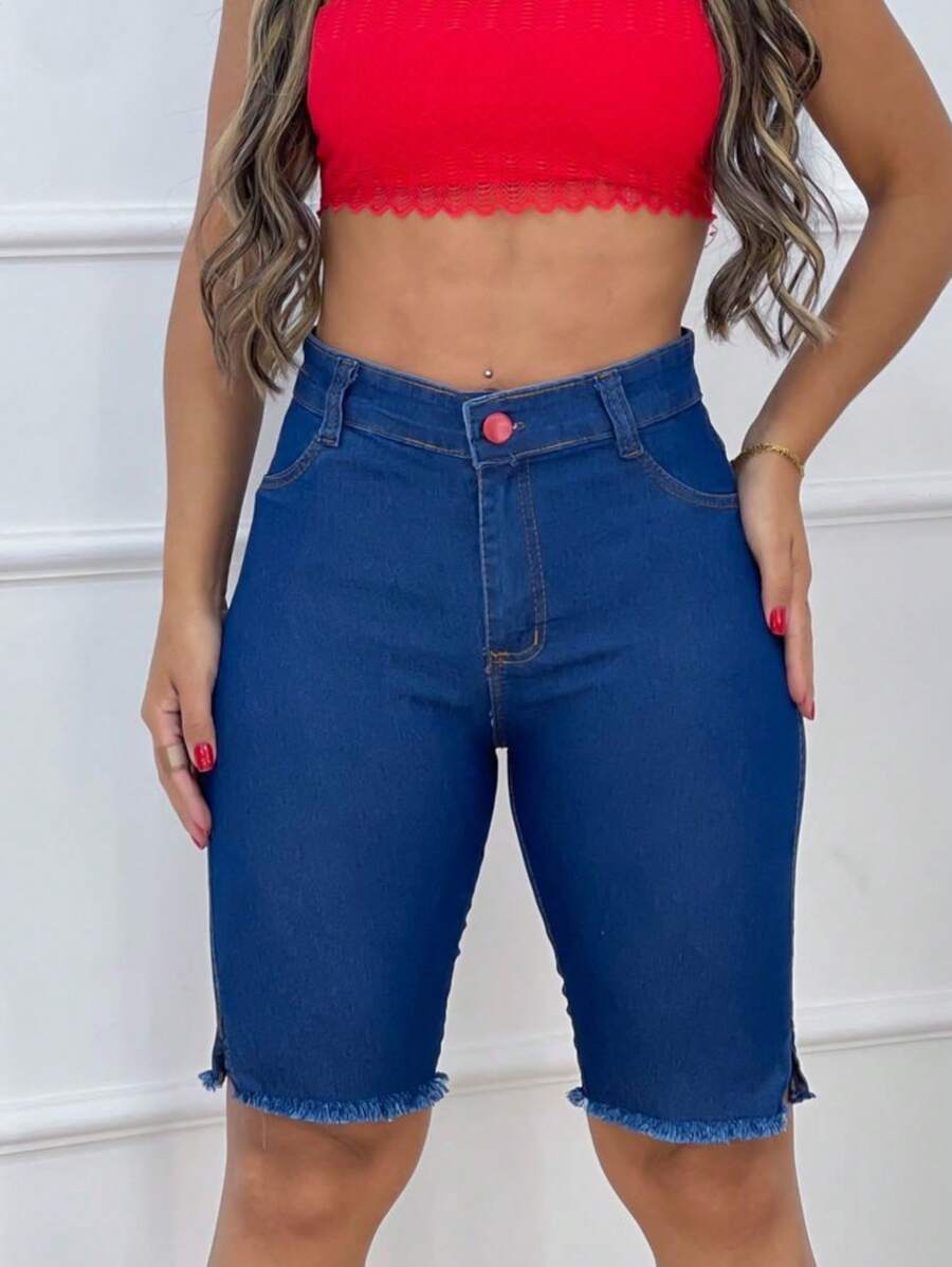 女式高腰玫瑰色鈕扣牛仔短褲,流行趨勢 - 深色水洗藍 - 查看 1