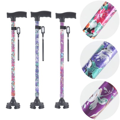 Exquisite Printing Craft Four-legged Walking Stick For Elderly, Light Weight Aluminum Alloy Multi-functional Retractable Anti-slip Crutch For Outdoor Travel, Hiking, Mountaineering